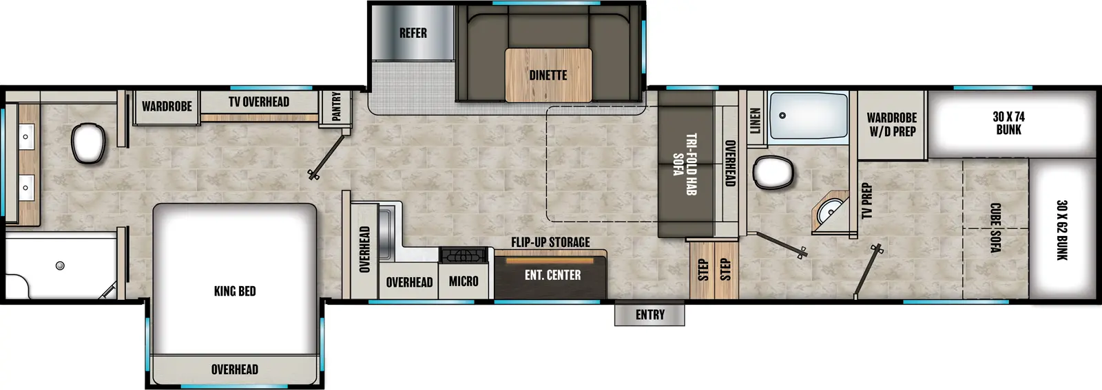 The Chaparral 355FBX floorplan has one entry and two slide outs. Exterior features include: fiberglass exterior and 20' awning. Interiors features include: bunk beds, u-dinette, rear bathroom and two full bathrooms.